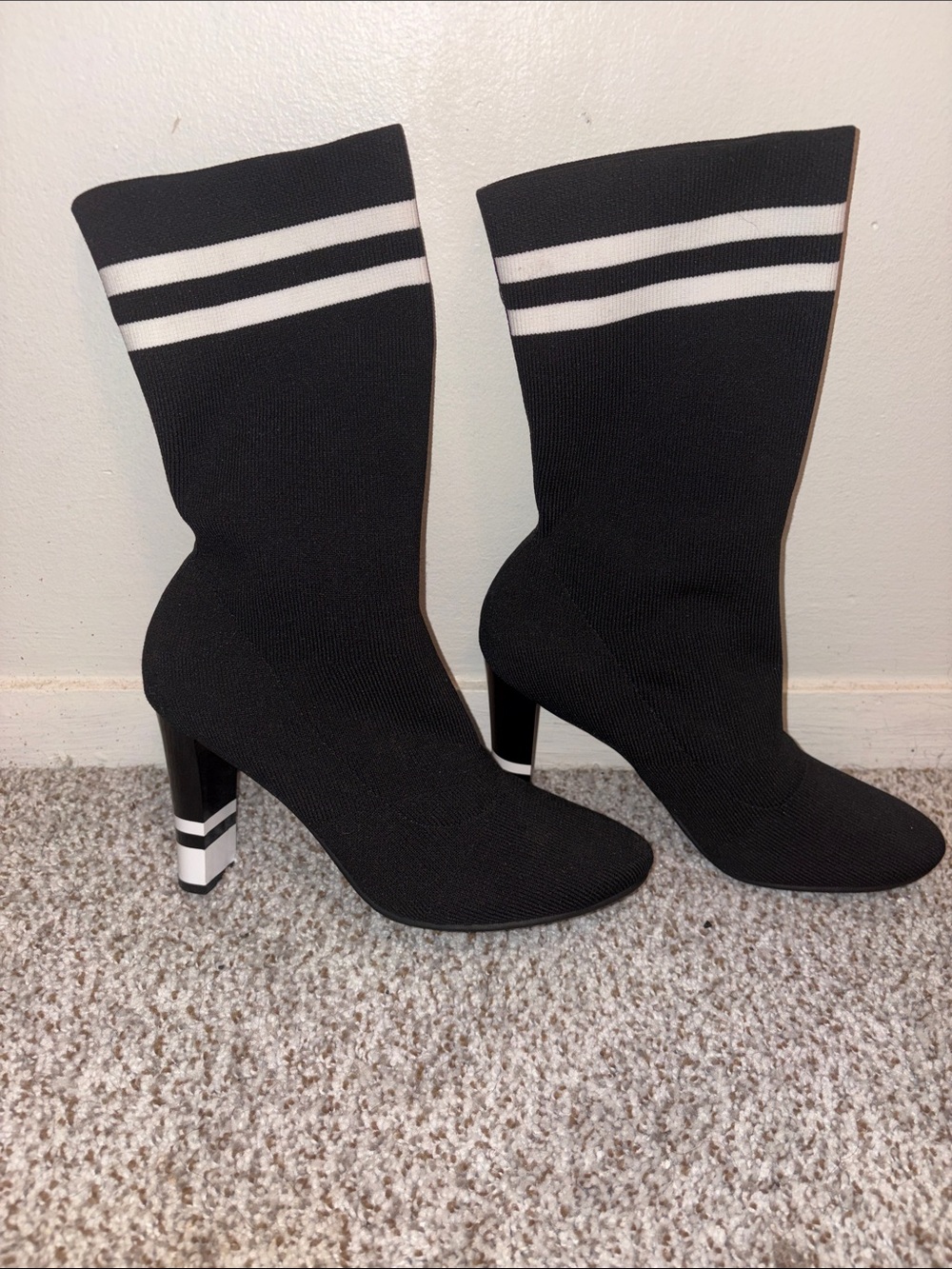 Circus by Sam Edelman Black Knit Mid-Calf Heeled Booties with White Stripes